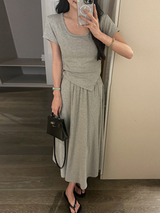 夏装搭配一整套韩系2024灰色半身裙连衣裙子女长裙两件套装裙