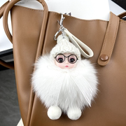 真狐狸毛可爱眼镜娃娃白色女童书包包挂饰红色卡通毛绒汽车钥匙扣