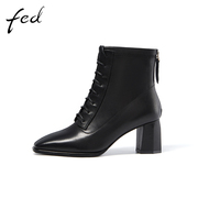 fed马丁靴，冬季靴子真皮时尚女士高级法式粗跟女靴1007-zfa323