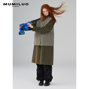 mumiluo风衣外套马甲女2023秋冬中长款军，绿色复古日系两件套