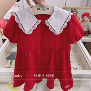 韩国童装23年夏款女童白色大翻领红色可爱公主连衣裙娃娃裙k二