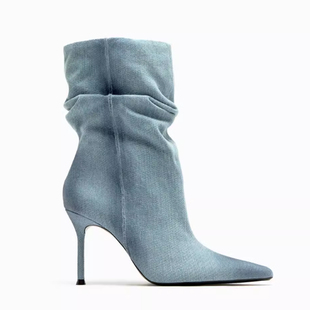 za2024秋冬蓝色牛仔布尖头高跟，短靴堆堆靴细跟气质时装女靴子