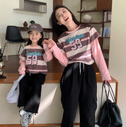 2023亲子韩版母女装秋季粉条印花假两件T恤休闲随性韩版长袖