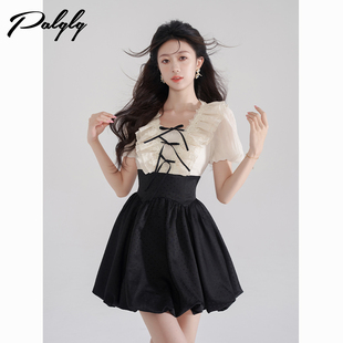 新中式黑色花苞裙夏荷叶，边v领短袖，杏色连衣裙高腰甜美短裙女