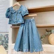 女童夏装复古牛仔套裙，2023韩版女宝宝牛仔裙，套装两件套薄款