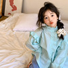 23春韩版童装儿童浅蓝色甜美花边娃娃衫女童宽松韩系知性优雅衬衫