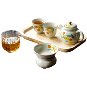 中式田园草木灰陶瓷手绘枇杷套装功夫茶具，茶壶茶杯茶盘套组