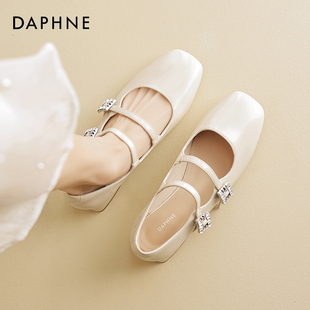 达芙妮法式玛丽珍女鞋2024夏季双扣带小皮鞋白色优雅粗跟单鞋