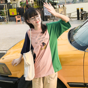 韩国进口女装 夏季亲子装可爱字母人物印花拼色T恤特