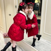 女童羽绒棉服冬季洋气公主风中长款棉袄中大童红色棉衣拜年服