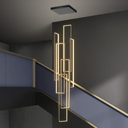 楼梯吊灯现代简约别墅，复式楼中空loft旋转楼梯间，极简超长方框灯具