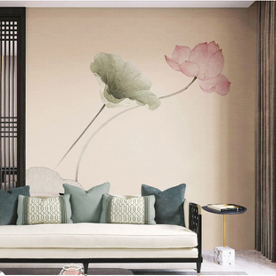 新中式电视背景墙纸荷花国风客厅沙发壁纸5d墙布酒店宾馆定制壁画