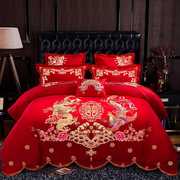 高档婚庆四件套大红色全棉被套床单结婚刺绣纯棉六十件套床上用品