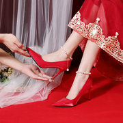 313233小码女鞋法式婚鞋珍珠一字扣红色大码高跟鞋40–43单鞋