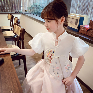 女童短袖T恤新中式儿童盘扣上衣夏装2024小女孩泡泡袖打底衫