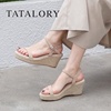 tatalory女鞋法式坡跟草编，凉鞋女夏一字带，厚底防水台高跟鞋