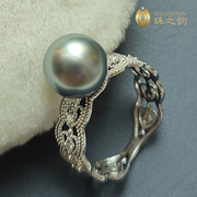 尊贵铂金灰大溪地海水珍珠戒指18k金钻石蕾丝正圆强光时尚奶