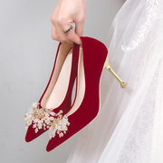 红色结婚鞋女禾秀服婚纱，两穿中式新娘高跟鞋水晶，小众高级感不累脚
