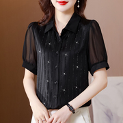 杭州黑色真丝衬衫女士短袖上衣夏季职业装重磅桑蚕丝打底衬衣