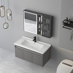 304不锈钢一体陶瓷盆奶油色浴室柜洗手台智能镜柜卫浴柜洗手