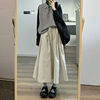 自制甜美日系工装风米杏色，半身裙女夏学生显瘦遮跨中长款a字伞裙