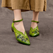 春季真皮浅口单鞋绿色舒适百搭复古牛皮一字扣玛丽珍中跟女鞋