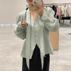 韩国chic春季法式气质V领系带单排扣不规则长袖欧根纱衬衫女