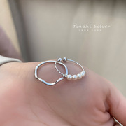 时尚优雅s925银气质珍珠戒指女复古简约圆珠开口指环创意食指戒潮