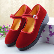 老北京布鞋酒红色妈妈舞蹈鞋方口一代女单鞋坡跟聚氨酯软底鞋