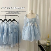 蓝色绑带网纱蓬蓬裙公主连衣裙，女2024春季设计感小众生日裙子
