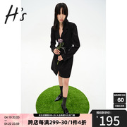 HS奥莱2022秋季女商场同款黑色简约高腰拼接面料西装式连衣裙