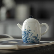 青己茶壶手绘青花白瓷，泡茶壶家用功夫，茶壶嘴过滤球陶瓷薄胎茶具