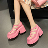 10cm高跟厚底罗马凉鞋女夏季粉色真皮透气镂空防水台包头粗跟女鞋