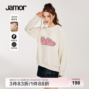 Jamor冬季简约双色圆领套头针织衫女字母图案甜美可爱加末