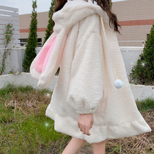 日系可爱兔耳朵羊羔毛加绒加厚毛茸茸兔子春秋冬季学生卫衣外套女