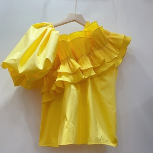 法式时尚不规则荷叶边v领衬衫，女短袖夏季设计感小众黄色短款上衣