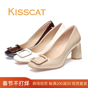 kisscat接吻猫2023秋款亮漆牛皮方头粗高跟，方扣女单鞋ka43522-12