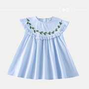 2024夏季婴幼儿娃娃领连衣裙女蓝色刺绣公主裙无袖蕾丝花裙子