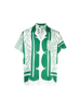 rokkihu海边度假几何绿色花纹蚕丝，宽松半袖潮流，印花衬衫衬衣短袖