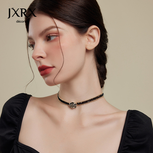 JXRX黑色水晶山茶花项链女款镶钻锁骨链甜酷花朵颈链2024