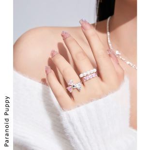 pp饰品=白桃奶糖925纯银，粉色爱心珍珠戒指女小众设计开口戒套装