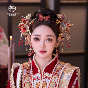中式新娘水晶复古红色，造液花发钗汉服头饰传统古装，秀禾手工发饰品