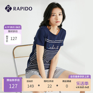 rapido雳霹道夏季女士，时尚条纹印花基本款运动休闲短袖t恤