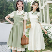 姐妹闺蜜装假两件套装裙子，夏季少女学生，学院风小清新衬衫式连衣裙