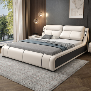 多功能真皮床现代简约轻奢主，卧室双人床2米x2，米2大床智能软包婚床