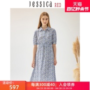 Jessica RED春秋季法式甜美印花简约抽带短袖女士衬衫连衣裙
