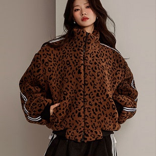 dint韩国2023冬装时尚豹纹，摇粒绒毛绒高领，外套夹克女j2112