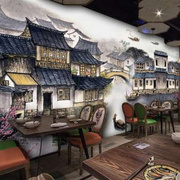 中式水墨山水画江南水乡背景墙纸，火锅店餐厅饭店包间装饰壁纸壁画