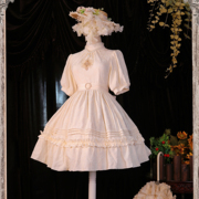 茉莉茶lolita小高领泡泡袖复古连衣裙古着原创设计