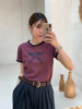 韩国chic夏季小众设计圆领蕾丝木耳边蝴蝶结印花短袖T恤上衣